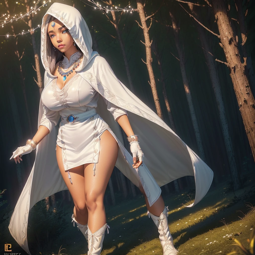 Image ((full body)),realistic 3D anime style,((of a beautiful brown-skinned woman )), (((wearing a long white hooded cloak covering her head up to her forehead ))),((( two long strands of iridescent white hair on each side of her head))),(((detailed face, cymetric))),((s-shaped eyebrows)),((blue eyes with thick eyelashes)) ,((Beautyfull eyes glowing)),(((well detailed eyes))),((full lips)),(beautyfull lips), (((body with nice curves))),((( very large breasts))), (((narrow waist))),(((thick thighs) )),((dressed in a long-sleeved white blouse, qipao collar)), (((earrings, necklace and bracelets all made of sparkling crystal))),((white gloves with cuff)),((short skirt with sash , decorated with fine intricate details)), ((white ankle boots with lapels and laces, knee length)),(( long stockings up to the middle of the thighs)),(((standing on the blue grass, in the middle of a forest sorrounded by beautyfull glowing trees, in a beautyfull night))),woman looking at the camera,(dinamic posture)((masterpiece)),((high quality)), (( extremely detailed image)), 8k resolution 