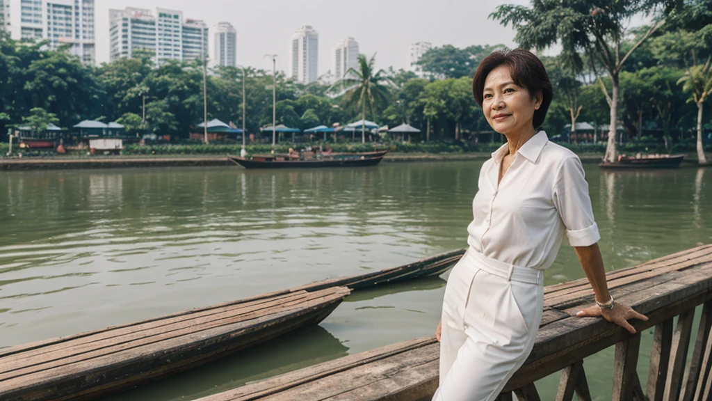 Khin Than Nu, RAW PHOTO, her name is Chariya, high quality, 1 old woman, ((58-year-old slim THAI woman)), (((58 years old))), ((slim body)), ((wrinkled body)), (((old body))), (((short hair))), she is wearing a fashionable stylish Generation X wear different colors, POSE: standing, BREAK, BACKGROUND: outdoor, Along the tranquil banks of the Chao Phraya River, film grain