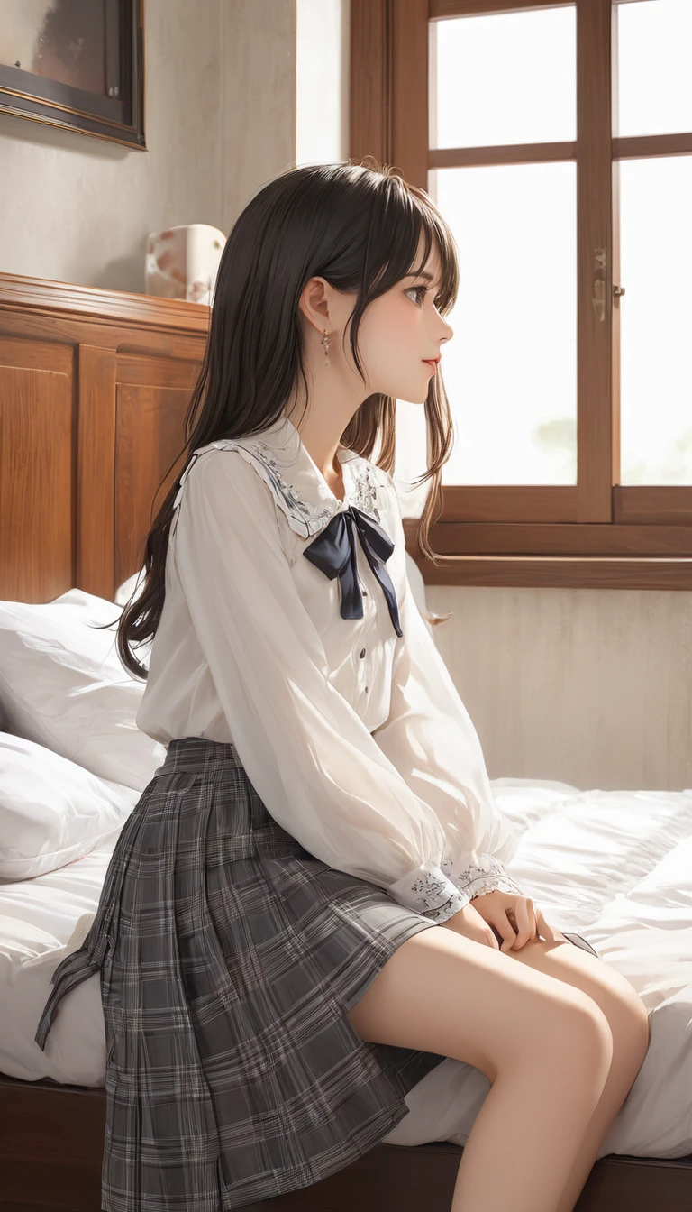 (masterpiece, Highest quality:1.2), One girl, alone,bony body、15 years old、master piece , best quality , detailed , blouse , skirt , sitting , (from side) , bed room , indoor