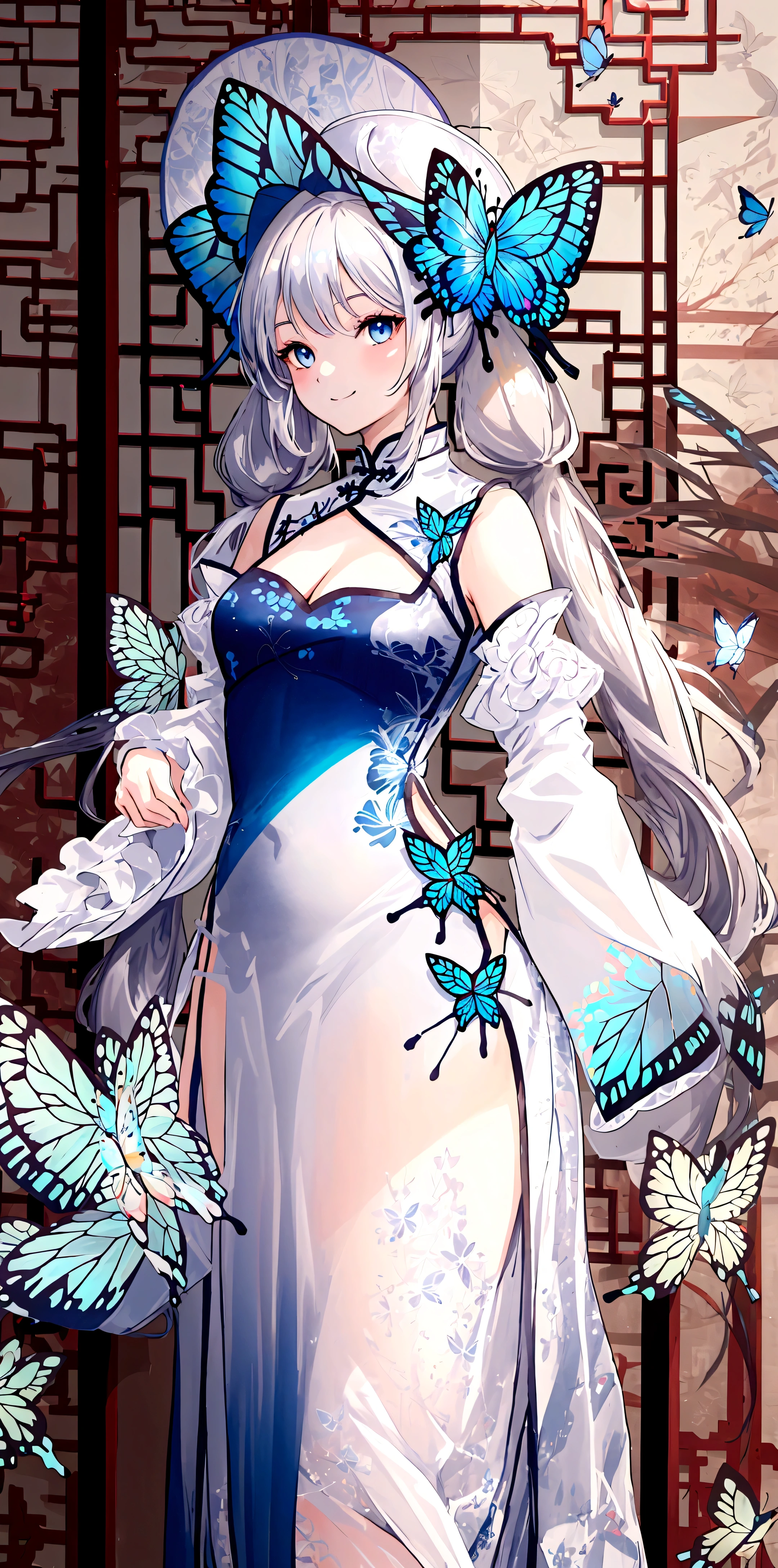 ((32k)), ((best quality)), ((ultra high res)), ((HDR)), ((UHD)), ((extremely detailed CG)), ((unity 32k wallpaper)), ((illustration)), ((cool girl)), ((18 years old)), ((silver hair)), (((long low twintails))), ((blue eyes)), (((medium chest))), ((cleavage)), (((china dress))), (((white china dress))), (((Butterfly patterned China dress))), (((china hat))), (((sleeve))), (((Butterfly shaped hair ornament))), (((chinese style background))), (((smile))), ((cowboy shot)), ((from front)),