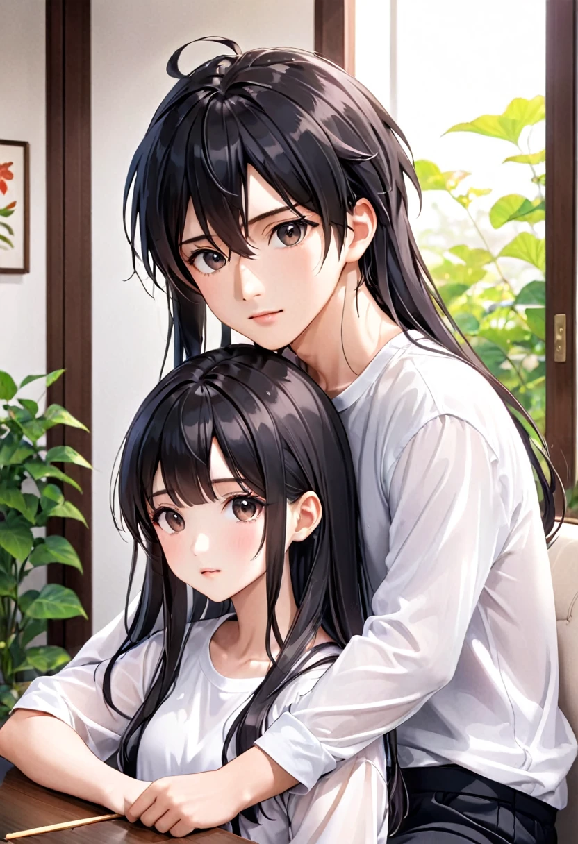 Couple, There are only two people, A beautiful woman with long hair wearing a white shirt, cute anime-style face, realistic anime girl, Chisato, black hair with bangs, Kurumi, cute and delicate face, young cute pale Asian face, Sakimichan, Realistic anime boy, A handsome boy in a white shirt, girl sitting in boy's arms, Smiling at the camera Look at each other, Beach, Sunset