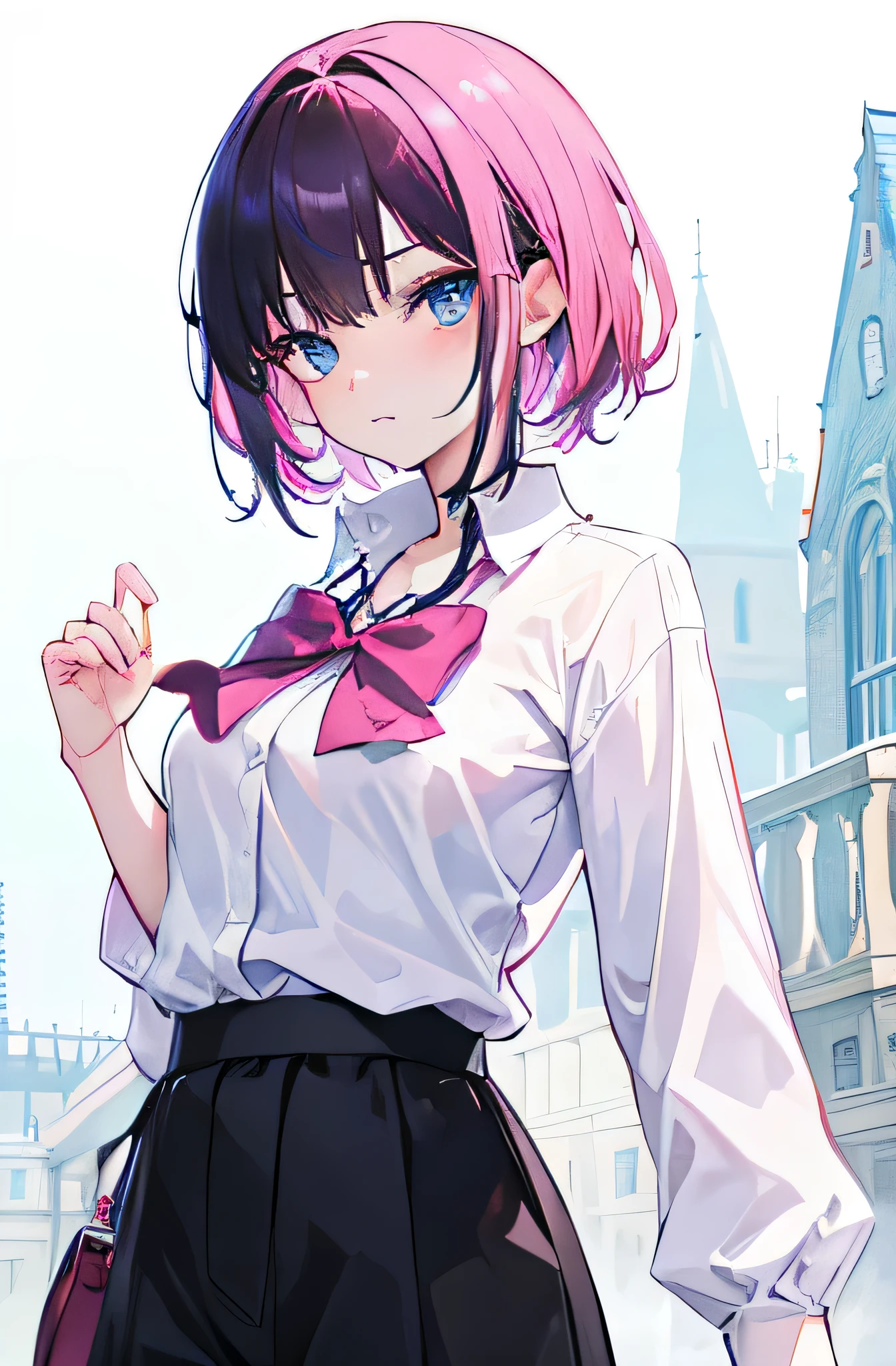 anime, fantasy magic school, initials (SSASA), Girl pants and shirt, black short hair, pink highlights, blue eyes.