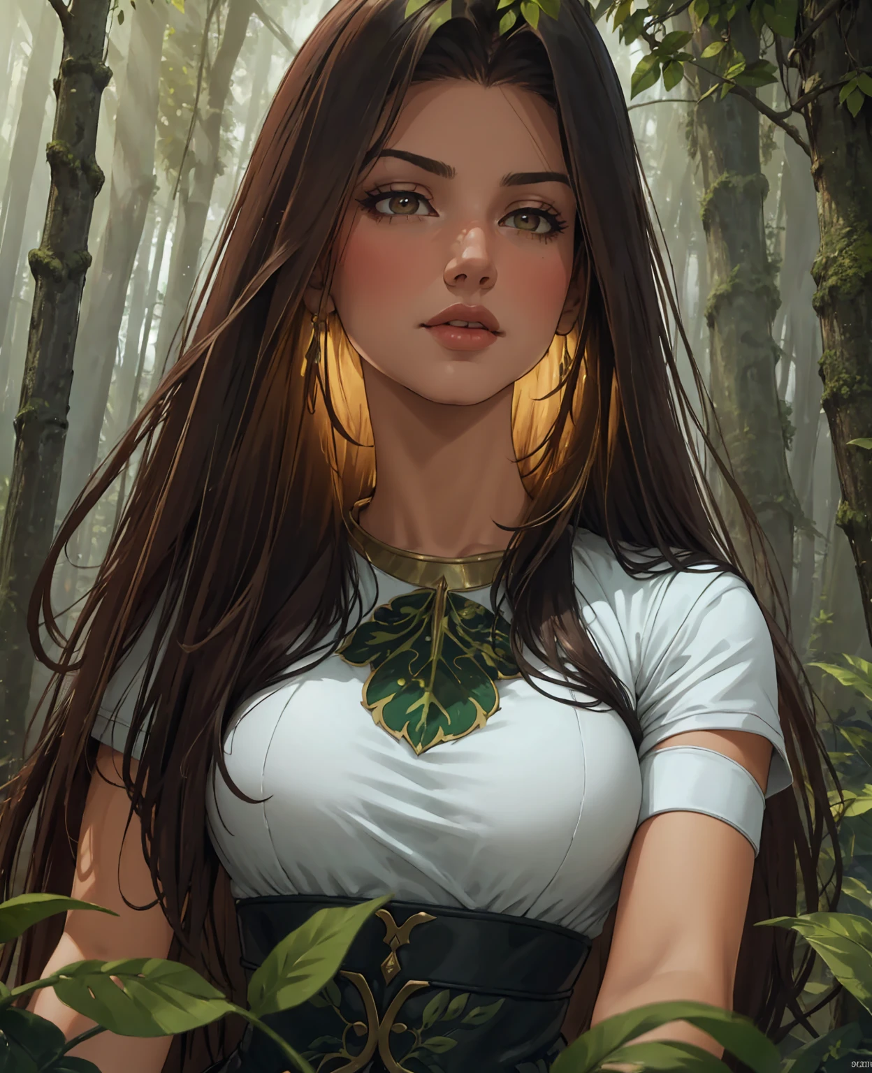a beautiful woman with long flowing hair, detailed eyes, lush lips, fantasy forest background, magical glowing lights, colorful flowers, sunlight beaming through trees, detailed leaves and foliage, intricate fantasy elements, mist and fog, warm color tones, cinematic lighting, highly detailed, 8k, photorealistic, masterpiece