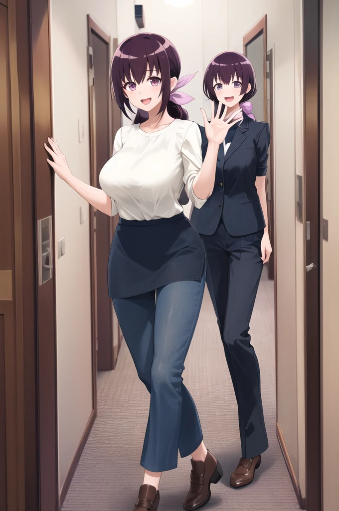 masterpiece, Highest quality, High resolution, Hello 1, Purple Hair, Purple eyes, Large Breasts, Hair Ribbon, skirt, pants, White shirt, Cowboy Shot, smile, wave hands, Open your mouth,