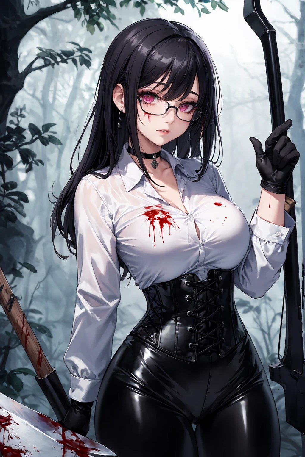 ((blood droplets)), ((blood)), ((blood splatter)), ((blood on clothes)), ((blood stain)), Masterpiece, Beautiful art, professional artist, 8k, Very detailed face, Detailed clothing, detailed fabric, 1 girl, Chiori \(genshin impact\), standing, perfectly drawn body, shy expression, pale skin, beautiful face, long black hair, 4k eyes, very detailed eyes, pink cheeks, glasses, choker:1.6, (white collar button down long sleeve shirt), black gloves, gloves that cover hands, (holds an ax with his right hand), (black leather corset), (shiny black leggings), Sensual Lips , evening de invierno, show details in the eyes, looking at the viewer, Dark road, dark forest, evening, Atmosphere, fog