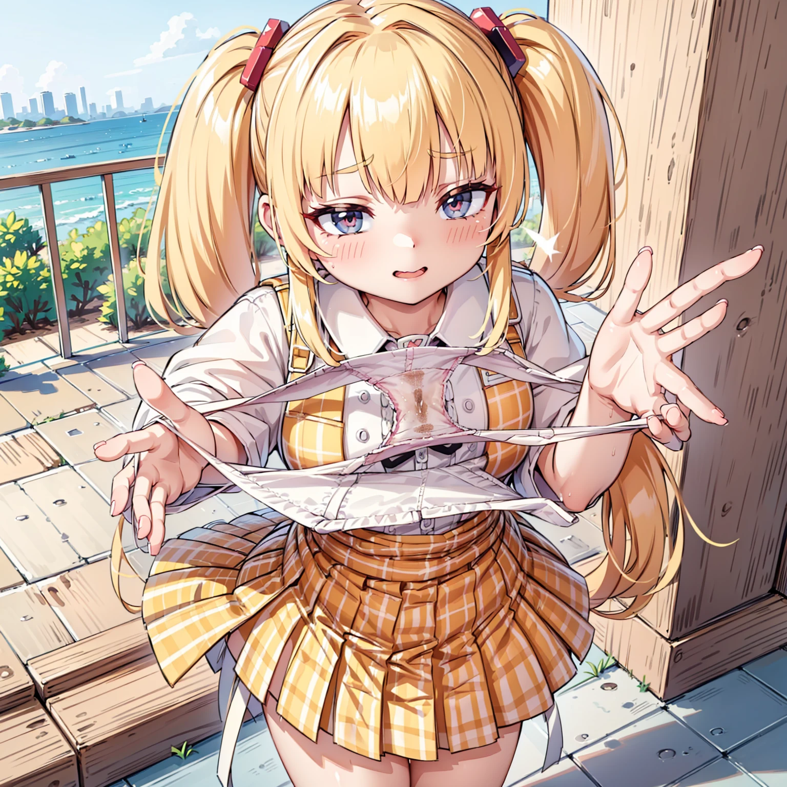 blonde, {{{Half Twin Tail:1.3}}}、shirt, blush, white shirt, hair ornaments, Manicure, Plaid skirt, Pleated skirt,
,Pay attention to the panties,
Looking down,View your audience,Panties as a gift,Tabletop, Highest quality, Perfect Skin, Detailed skin texture, Super detailed, 8K, Intricate details, Beautifully detailed face,High resolution,
Looking down at the viewer, masterpiece, (Panties are stained with pee)、(Pussy、Love Juice)、(body odor),perfect hands