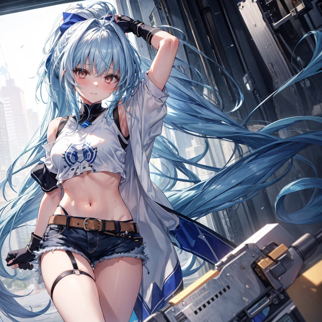 ((Highest quality)), ((masterpiece)), ((detailed)), (4K), a girl with blue hair and a top with short sleeves holding a screw driver, 1girl, 独奏, long hair, blue hair, navel, gloves, shorts, breasts, sweat, wrench, short shorts, very long hair, underwear, panties, holding, belt, arm up, ponytail, small breasts, simple background, looking at viewer, black gloves, white panties, sports bra, wiping sweat, bow, bare shoulders, bangs, cowboy shot, yellow eyes, midriff, hair bow