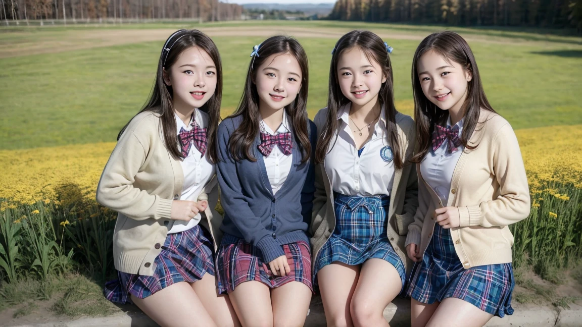 (3 girls), Young faceอินโดนีเซีย, ,smile, white skin, Round breast, blue eyes,((Female high school student uniform、cardigan、Very short plaid skirt、))Masterpiece, Highest quality, 8K, beautiful girl, Young face、 photography, Cute face, thigh,In the meadow, Embarrassing、รอยsmile、((((((อายุ 12 yearsmall waist、 ((Busty breasts))