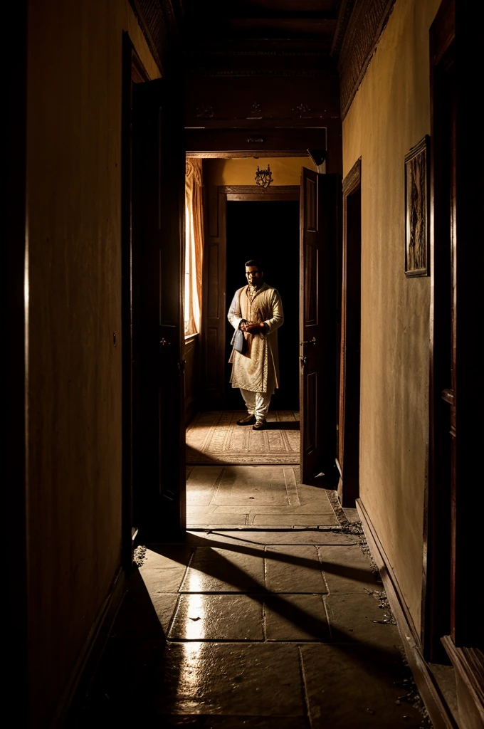 1. Background: Dimly lit, eerie hallway of an old mansion (haveli) 
2. Main Focus: 
   - On the left, a scared yet determined Ramesh holding an old diary.
   - On the right, a ghostly shadow behind Ajay, with a haunted expression.
3. Additional Elements: 
   - In the background, a spooky, semi-transparent image of the mansion's former lady owner.
   - A hidden door slightly ajar with a glimpse of a mysterious basement.