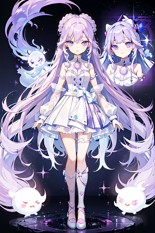 three sided view ,full body, solo, 1girl, Long curly hair is shades of pastel blue, pink, and lavender, sparkling purple eyes, pale skin with a faint, As a ghost slightly transparent appearance, with a gentle, fashion style is a blend of cute and ethereal. She often wears a flowing, pastel-colored dress adorned with lace and ribbons, paired with knee-high socks and cute, ghost-themed accessories. Her outfits are often decorated with small, glowing motifs of stars, masterpiece
