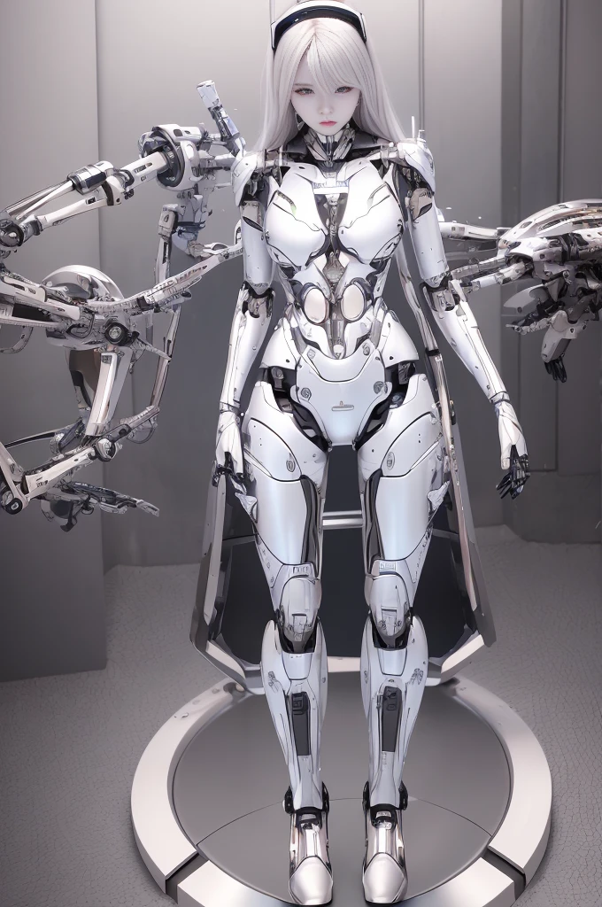 female robot, skin part is only face, silver metal skin, full metal robot body, mechanical parts, electronic wire, cum in pussy, high quality, medium breasts, long hair, tall, thigh gap, full body metal skin, wet, cum in pussy, metallic tits, separated breast, under repair, anatomical body, unreal engine