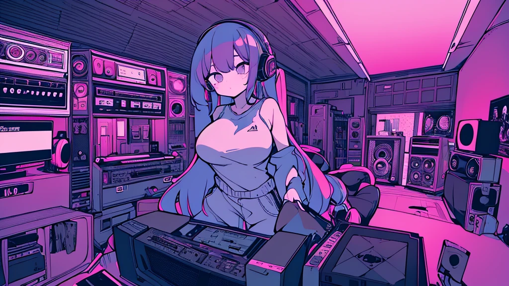 Best quality, (masterpiece), best detail face,1 girl, , 18 yo, 8k,absurdres,unity 8k wall paper,(extremely detailed:1.3), highest realistic, (retro headphones:), (soft neon light:), (psychedelic), Her room full of music equipment and records, sports wear , See the whole room , dark purple color pallet
