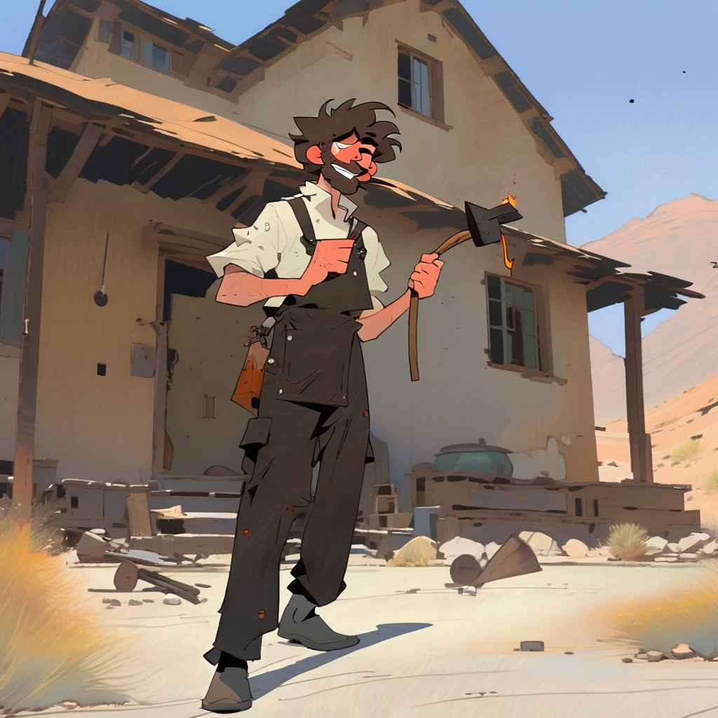 1man, Western, black wavy Messy hair, burnt hair, Leather apron, White button-down shirt, black pants patched, Failed beard, young adult, Thin, full body, Holding a Dynamite stick, outside a house in the desert, Dirty with soot, Laughing, explosives, dynamite