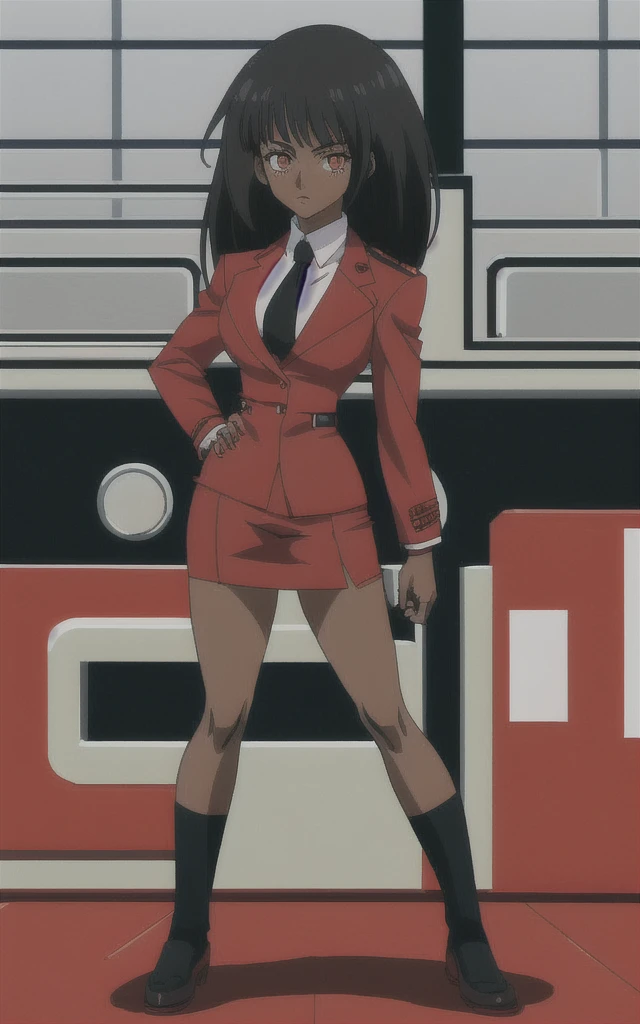 90s anime  black skinned business woman in a red skirt and red blazer suit full body   