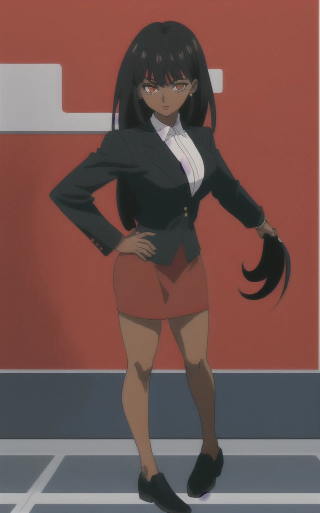 90s anime  black skinned business woman in a red skirt and red blazer suit full body   