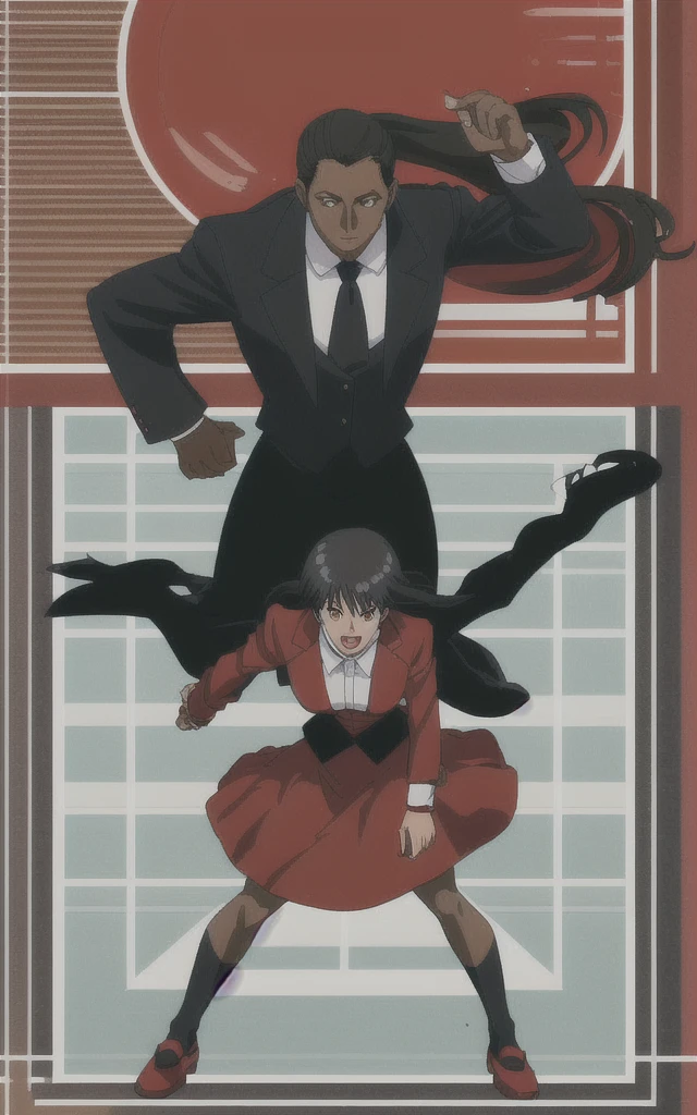 90s anime  black skinned business woman in a red skirt and red blazer suit full body   