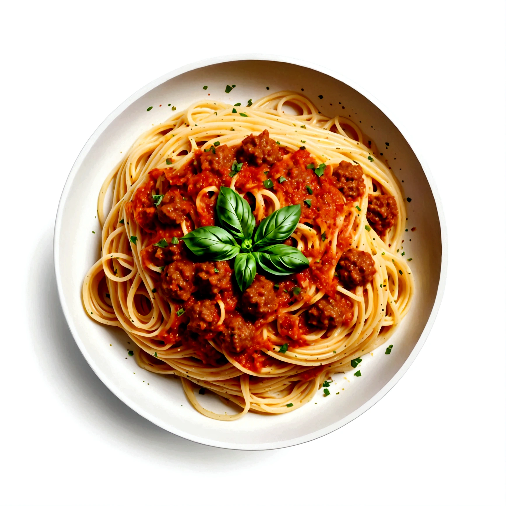 there is white bowl full of delicious spaghetti bolognaise, illustration, isolated with solid white background, surrounded with negative space, centered compositon, 8k, highly detailed painting, very precise painting, Isolated, clear brilliant white background, perspective angle of view, vector clipart, washed out color ((lora:add-detail-xl:1)), (watercolor), clipart style