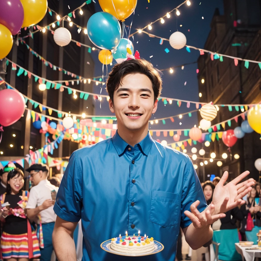 Create a creative and imaginative image of a kind-looking consul man wearing blue clothes and holding a birthday cake. Set him in an unconventional and whimsical setting, such as a magical garden with floating candles and colorful confetti raining down, or a fantastical realm where cakes are giant and candles dance with music. Infuse the image with elements of wonder and celebration, showcasing his role as a bringer of joy and connection.Surround the kind-looking consul man with a vibrant and lively background, such as a festive party scene with balloons, streamers, and joyful guests celebrating. Enhance the atmosphere with bright colors and dynamic elements that symbolize happiness and festivity, creating a visually striking and joyful image.