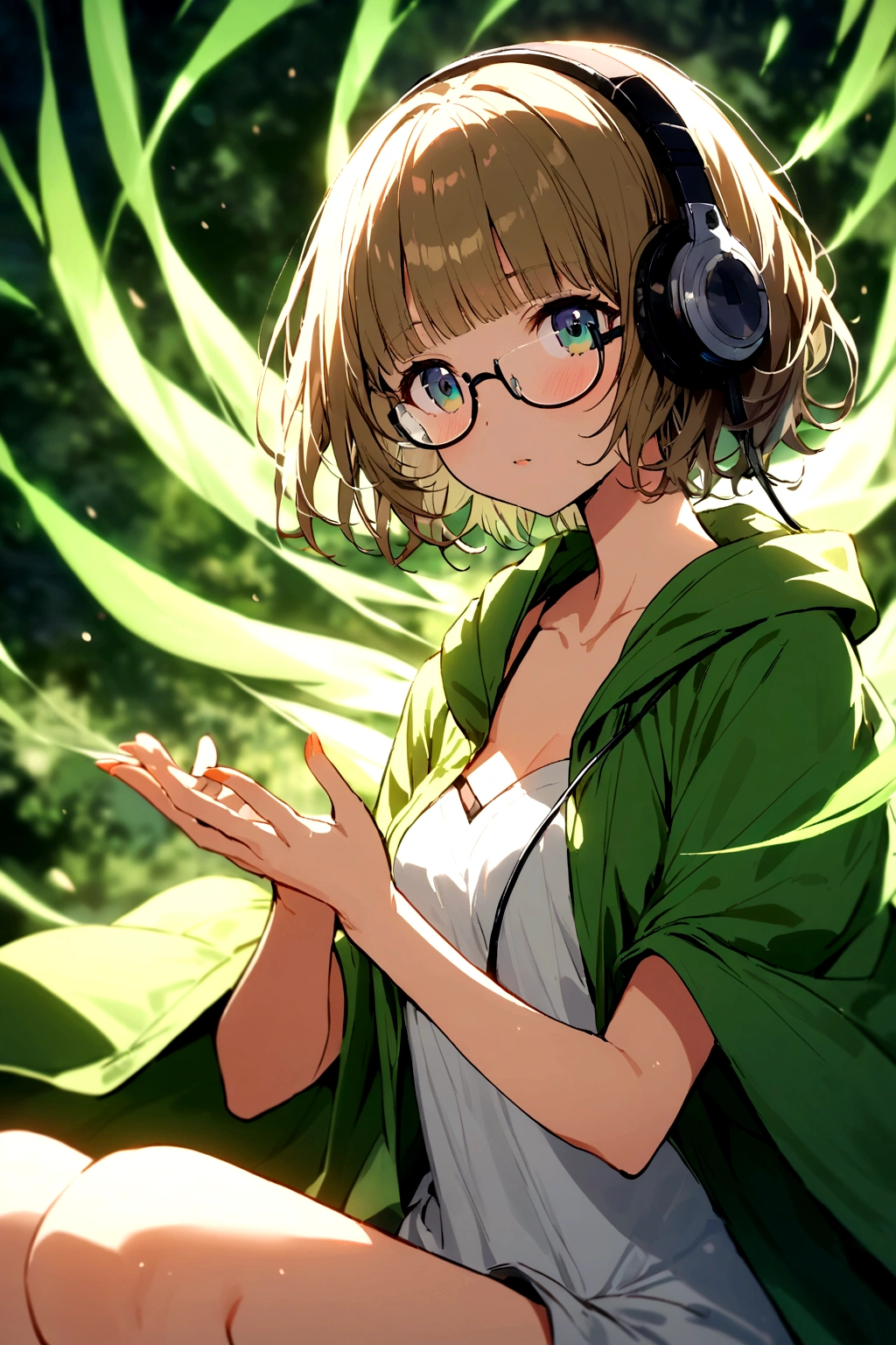 (extremely detailed fine touch:1.3), solo, (((semi-rimless eyewear:1.3))), (headphone:1.2), short hair, blunt bangs,bare arms,1 girl, green robe,
A female archmage who thrusts her hand into the sky and releases a great wind magic.
green Motion-blur back ground,