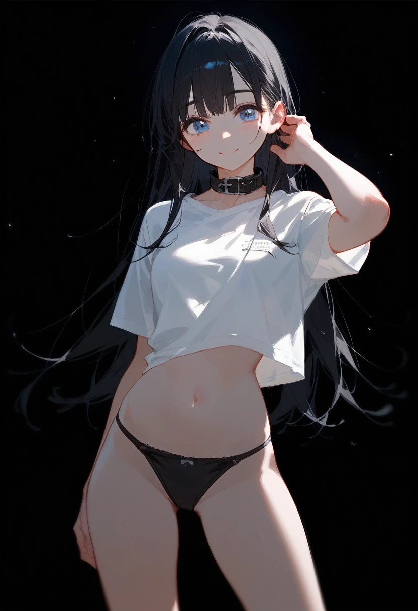 masterpiece,8K,Super detailed,best quality, (1 girl,alone), (long black hair,Straight Hair,Air bangs), (innocent,Big blue eyes like diamonds), (Medium large, fair skin), (Wearing a simple white shirt, Black panties, Show your thighs), (Has black leather collar), (Facing the audience, Stand Up Straight), (The expression looks shy, but with a smile), (light black background, Center the character)
