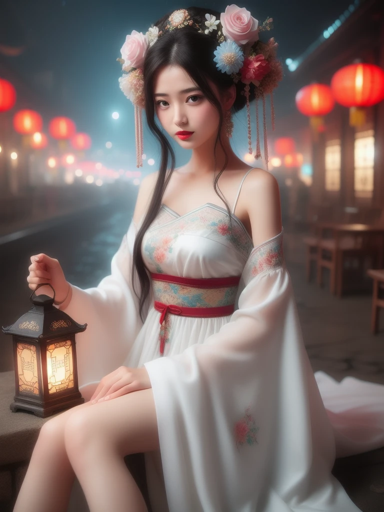 hands_, 1girl, lantern, hair ornament, flower, hair flower, paper lantern, black hair, red lips, looking at viewer, chinese clothes, holding, dress, blurry, solo focus, long hair, black eyes, realistic, bare shoulders, white dress, lips, night, lipstick, outdoors, upper body, blurry background, solo, makeup, hair bun, medium breasts, exposed shoulders, exposed waist, exposed thighs