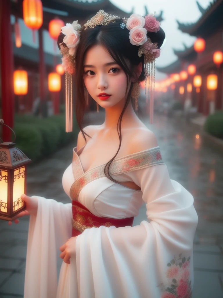 hands_, 1girl, lantern, hair ornament, flower, hair flower, paper lantern, black hair, red lips, looking at viewer, chinese clothes, holding, dress, blurry, solo focus, long hair, black eyes, realistic, bare shoulders, white dress, lips, night, lipstick, outdoors, upper body, blurry background, solo, makeup, hair bun, medium breasts, exposed shoulders, exposed waist, exposed thighs
