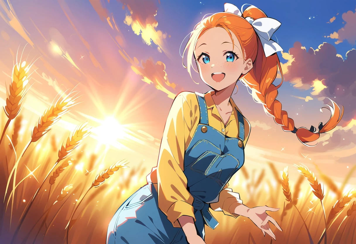 pewarnaan character, visual illustration, @ANN, ann \(harvest moon\), ran \(bokujou monogatari\), aged up, 1girl, ponytail, braid, braided ponytail, single braid, forehead, solo, (overalls), outdoors, sky, wheat, field, (blue overalls), smile, blue eyes, wheat field, looking at viewer, breasts, long sleeves, yellow shirt, orange hair, blonde hair, cowboy shot, collarbone, collared shirt, cleavage, denim, upper teeth only, medium breasts, standing, teeth, oversized clothes, long hair, partially unbuttoned, pants, oversized shirt, buttons, head tilt, flat chest, hair bow, white bow, tomboy, round teeth, plaid shirt, denim overalls, mature female, tall, tall female, slim body, freckles, twilight, cloudy sky, scenery, reaching, grass, floating braid, sunset, cloud, scenery, jeans, bow, hair ribbon, sparkle, sunbeam, light rays, highres, 4k, 8k