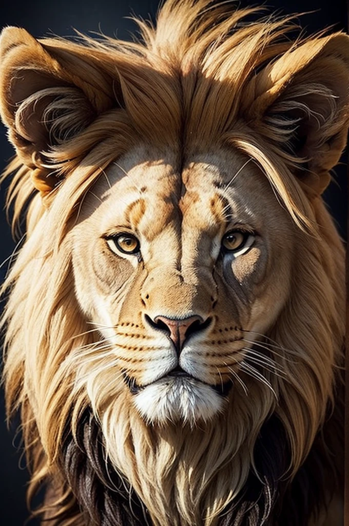 Create a picture of a lion with a cross in its right eye and a marked Star of David on its face