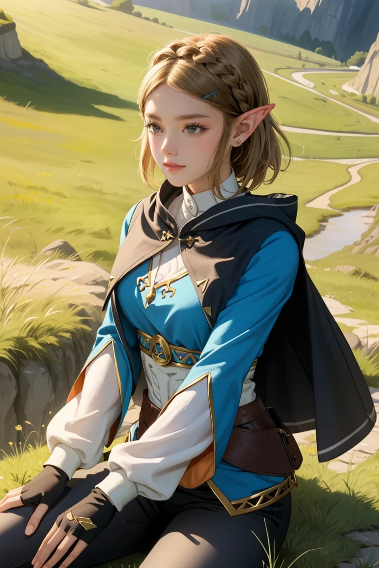 ((Masterpiece, top quality, high resolution)), ((highly detailed CG unified 8K wallpaper)), 1girl, Princess Zelda, short hair, crown braid, hairclip, pointy ears, brown cape, blue shirt, puffy sleeves, long sleeves, fingerless gloves, black gloves, black pants, tight pants, aazelda, long hair, crown braid, hairclip, pointy ears, blue shirt, long sleeves, fingerless gloves, black gloves, black pants, tight pants sweating, outdoors, grass, meadow, cliffs, stony,