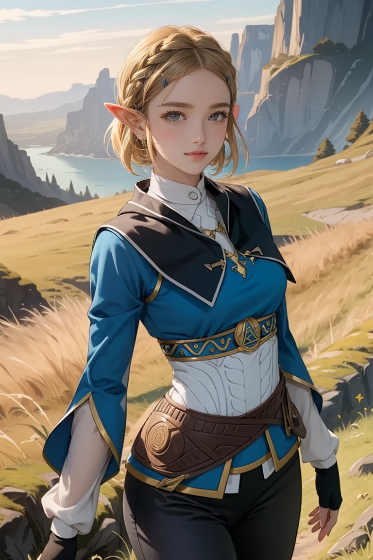 ((Masterpiece, top quality, high resolution)), ((highly detailed CG unified 8K wallpaper)), 1girl, Princess Zelda, short hair, crown braid, hairclip, pointy ears, brown cape, blue shirt, puffy sleeves, long sleeves, fingerless gloves, black gloves, black pants, tight pants, aazelda, long hair, crown braid, hairclip, pointy ears, blue shirt, long sleeves, fingerless gloves, black gloves, black pants, tight pants sweating, outdoors, grass, meadow, cliffs, stony,