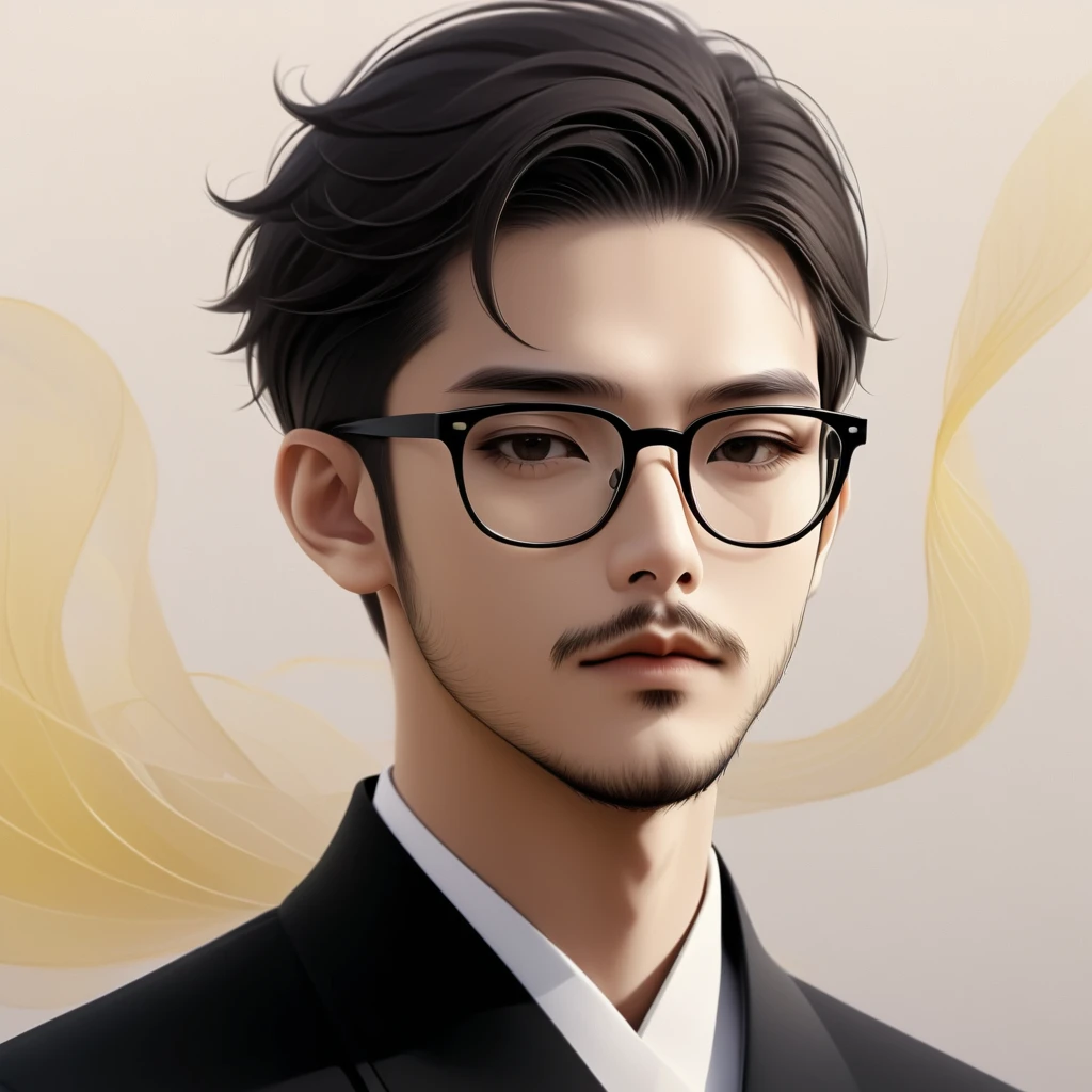 an Asian man with stubble, short beard, short mustache, Beard scum, slightly curly hair, and black square plastic-framed glasses,unique,portrait,artistic conception,abstract,black and white