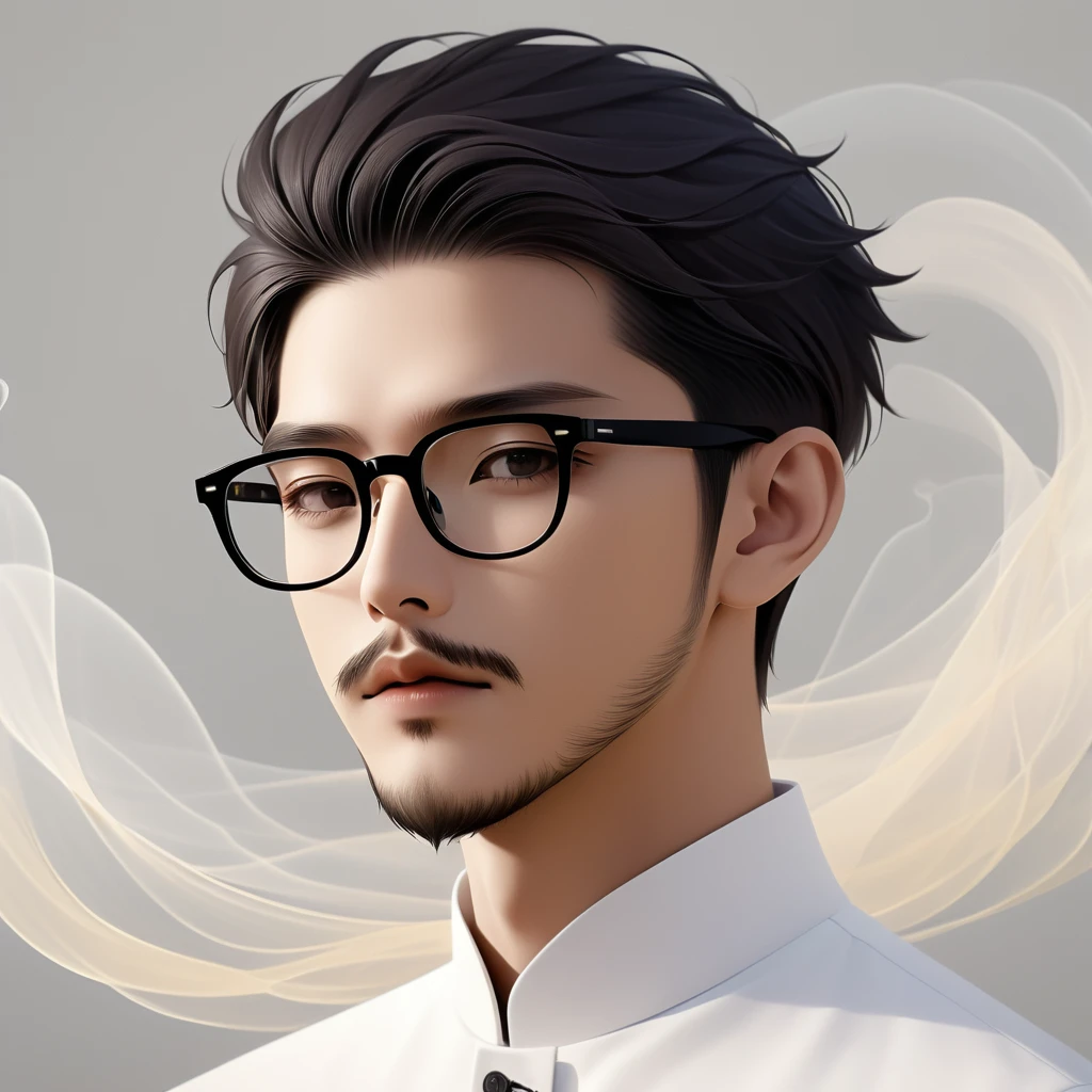 an Asian man with stubble, short beard, short mustache, Beard scum, slightly curly hair, and black square plastic-framed glasses，unique，portrait，artistic conception，abstract，black and white