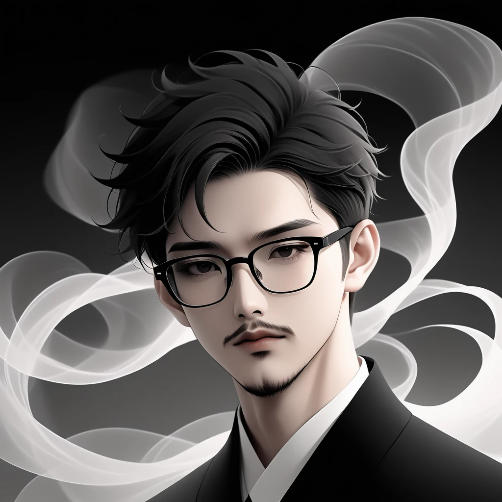 an Asian man with stubble, short beard, short mustache, Beard scum, slightly curly hair, and black square plastic-framed glasses,unique,portrait,artistic conception,abstract,black and white