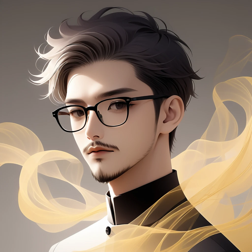 an Asian man with stubble, short beard, short mustache, Beard scum, slightly curly hair, and black square plastic-framed glasses,unique,portrait,artistic conception,abstract,black and white