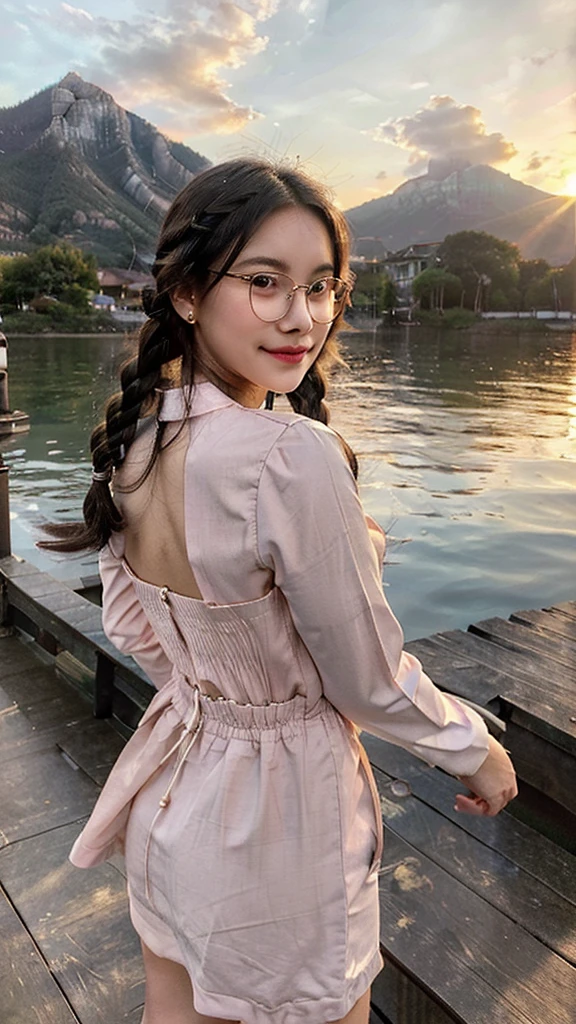 1 girl, blush, Closed mouth, earrings, parts, gradient, jewelry, wide, long sleeves, looking at the viewer, Alone, twin braids, Upper part of the body, Black frame glasses, seductive smile, wind, by the floating, wavy fur, light smile, from behind, Back,
Masterpiece, Best Quality, intricate details,sunset,
a wooden dock leading to a lake with a mountain in the Background at sunset or dawn with clouds in the sky, lake, a picture, neo-romanticismvvWhite skin
1 girl, blush, Closed mouth, earrings, parts, gradient, jewelry, wide, long sleeves, looking at the viewer, Alone, twin braids, Upper part of the body, Black frame glasses, seductive smile, wind, by the floating, wavy fur, light smile, from behind, Back,
Masterpiece, Best Quality, intricate details,sunset,
a wooden dock leading to a lake with a mountain in the Background at sunset or dawn with clouds in the sky, lake, a picture, neoromanticismWhite skinWhite skin