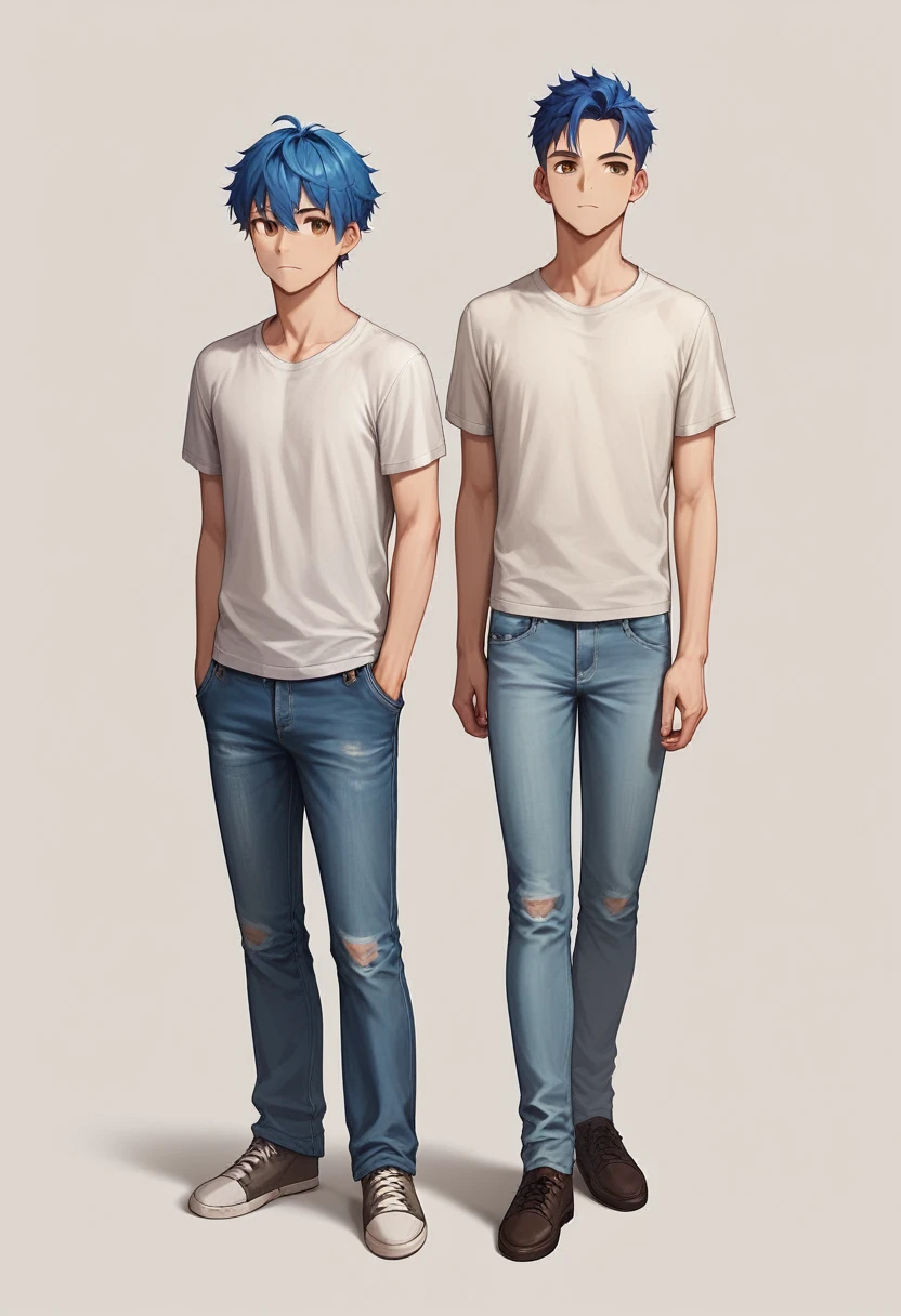 ((Best quality, chedevr)), 1 guy, Sollo, blue hair, Brown eyes, full length, large burn on the right eye, White T-shirt, jeans