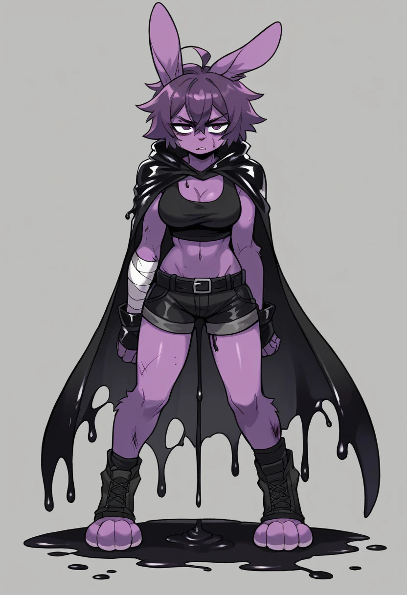 create a picture of a female half rabbit character with purple giant rabbit digitigrade legs with white paws, put purple rabbit ears on top of her head, make her nude, put purple fur on her arms from her elbows down, give her short brown hair, make her legs look fluffy and furry, make it in an anime style, make her fur slightly tattered and torn, make her look super tired, give her black gauntlets, make the background look like a pitch black wet environment, cover her fur in black goo, make the black goo dripping from her arms and legs, make her look bruised, make her standing tall and determined, give her a black tattered cape, give her moderate breasts