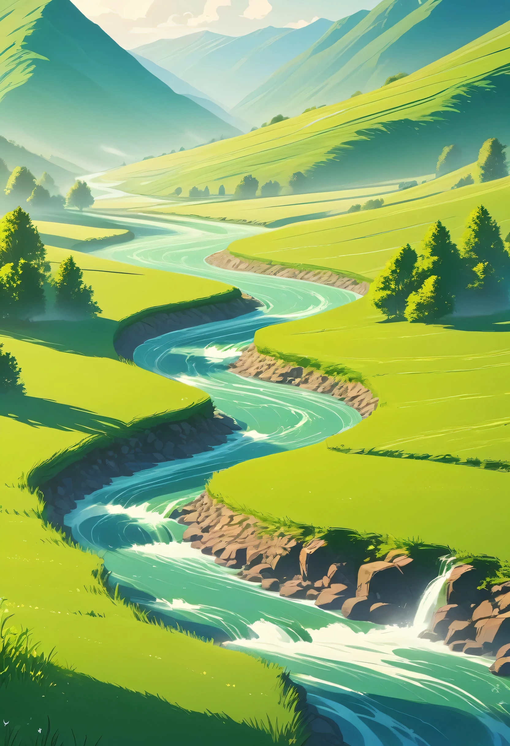 An animation of a green wide meadow with majestic river flowing from north to south giving a mystical peaceful vibe 8k ultra wallpaper HD