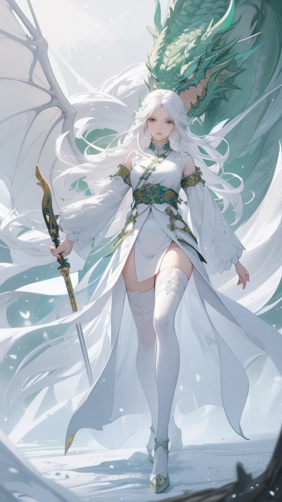 work of art, best qualityer, ultra epic details, long white hair, white eyelashes , gray eyes, greatsword, surrounded by a large and long green Chinese mythological dragon, white stockings, white outfit, forest in the background