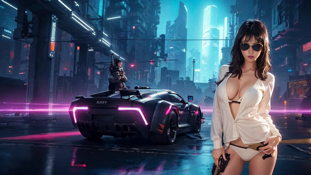 At night, dark sky, aerial view of cyberpunk city, giant Moai-statue buildings, ((flying vehicle)). (1girl, solo), photo realistic, medium-breast:1.1 slim body, cleavage, sexy clothes, (black sunglasses), (((hip-up standing aiming pistol pose))), half-body thigh level medium shot, cinematic lighting.