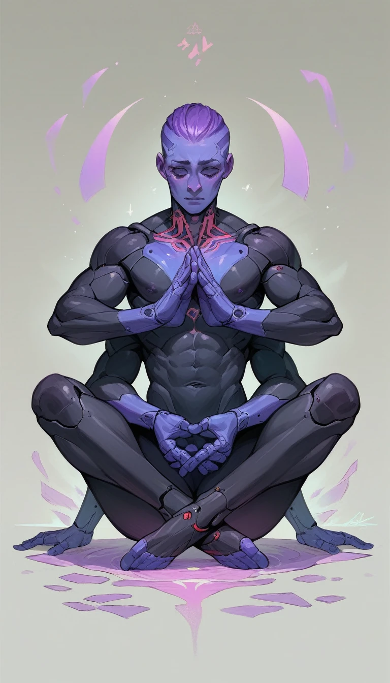 , (Full body shot:1.5), A purple cyberpunk robot monk with folded hands, multiple hands, meditating, sitting in lotus position, doing meditation pose,black metal body,purple array trims,cyberpunk,(purple-blue array trim)