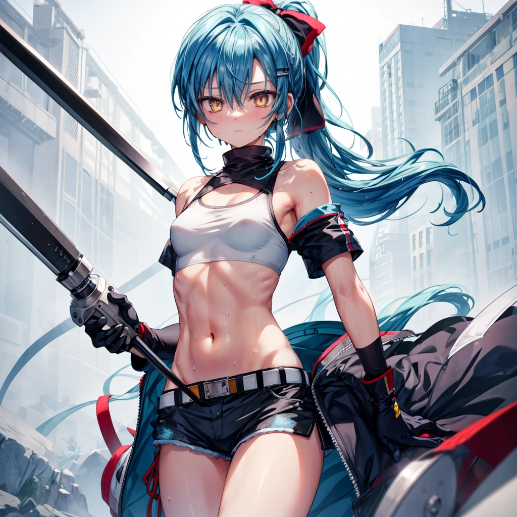 ((Highest quality)), ((masterpiece)), ((detailed)), (4K), a girl with blue hair and a top with short sleeves holding a screw driver, 1girl, 独奏, long hair, blue hair, navel, gloves, shorts, breasts, sweat, wrench, short shorts, very long hair, underwear, panties, holding, belt, arm up, ponytail, small breasts, simple background, looking at viewer, black gloves, white panties, sports bra, wiping sweat, bow, bare shoulders, bangs, cowboy shot, yellow eyes, midriff, hair bow