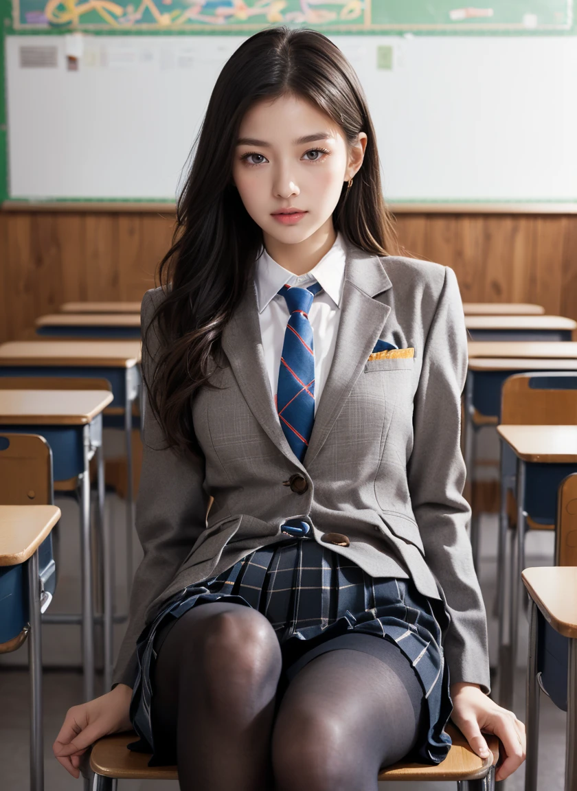beautiful and delicate girl, very detailed eyes and face, beautiful detailed eyes, huge file size, very detailed, high resolution, very detailed, best quality, masterpiece, (((school classroom)), (((simple blazer))), (((pleated skirt))), (((The skirt and tie pattern is a check pattern..:1.3))), very detailed, CG, 8K wallpapers, amazing, fine details, masterpiece, ((best quality)), very detailed CG uniform 8K wallpapers, my face shines, cinematic lighting, 1 woman, 16 years old, (((dynamic pose))), (camel toe), (half), ((pantyhose)), ((Sit with your knees bent and your legs crossed..)), ((whole body))