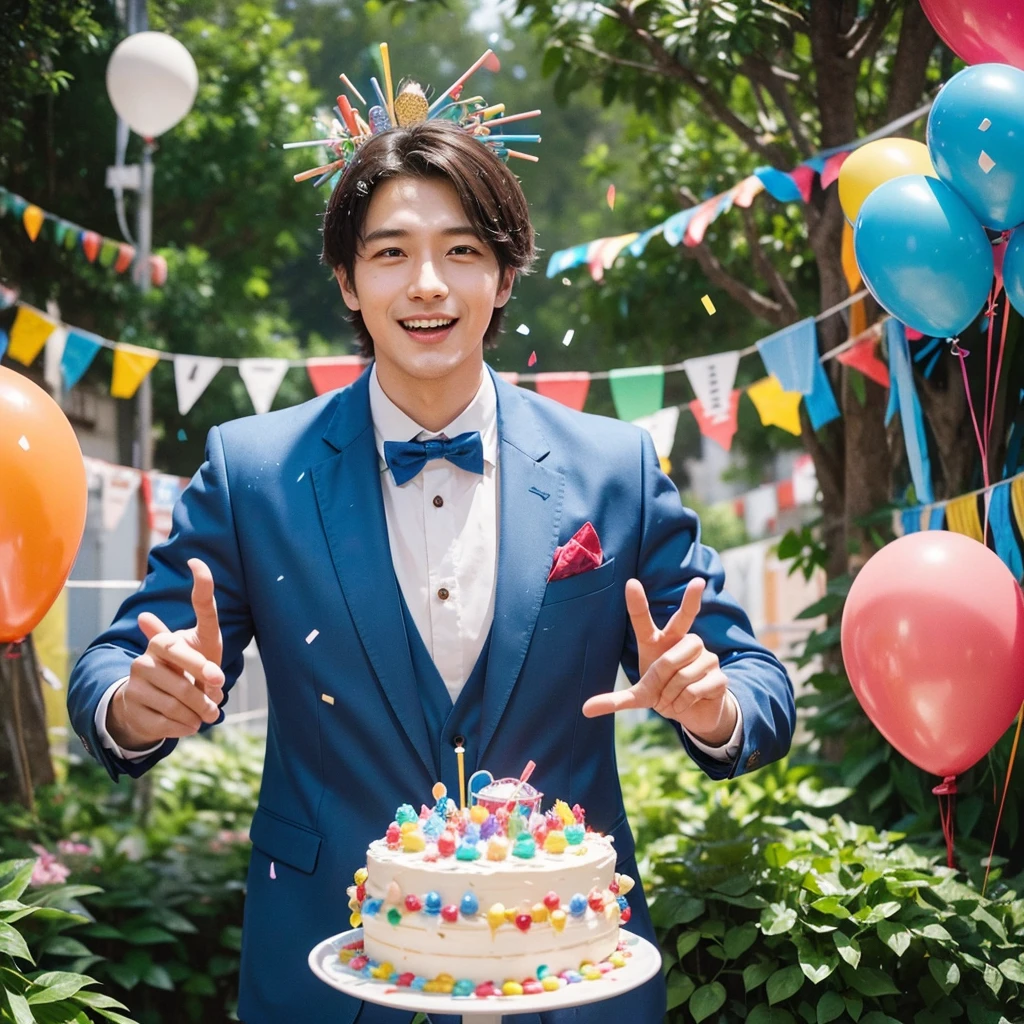 Create a creative and imaginative image of a kind-looking consul man wearing blue clothes and holding a birthday cake. Set him in an unconventional and whimsical setting, such as a magical garden with floating candles and colorful confetti raining down, or a fantastical realm where cakes are giant and candles dance with music. Infuse the image with elements of wonder and celebration, showcasing his role as a bringer of joy and connection.Surround the kind-looking consul man with a vibrant and lively background, such as a festive party scene with balloons, streamers, and joyful guests celebrating. Enhance the atmosphere with bright colors and dynamic elements that symbolize happiness and festivity, creating a visually striking and joyful image.