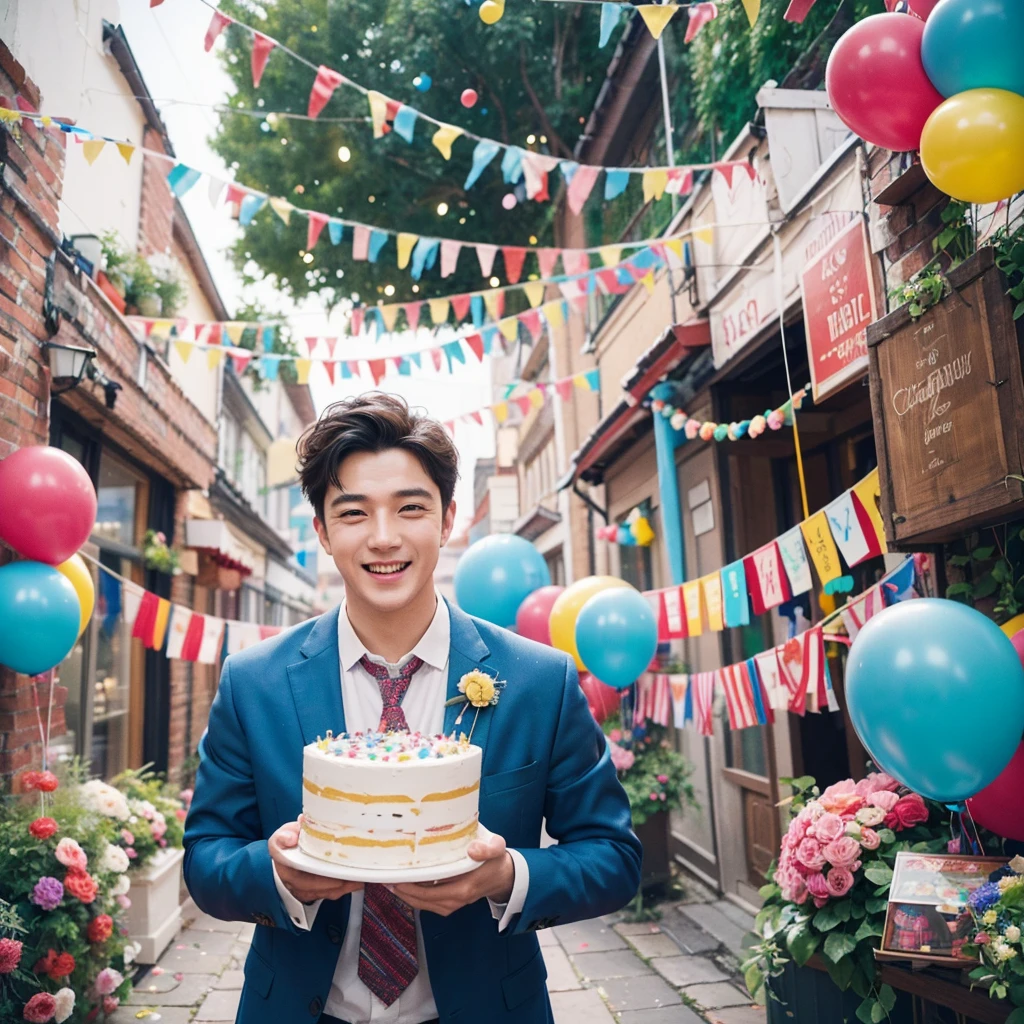 Create a creative and imaginative image of a kind-looking consul man wearing blue clothes and holding a birthday cake. Set him in an unconventional and whimsical setting, such as a magical garden with floating candles and colorful confetti raining down, or a fantastical realm where cakes are giant and candles dance with music. Infuse the image with elements of wonder and celebration, showcasing his role as a bringer of joy and connection.Surround the kind-looking consul man with a vibrant and lively background, such as a festive party scene with balloons, streamers, and joyful guests celebrating. Enhance the atmosphere with bright colors and dynamic elements that symbolize happiness and festivity, creating a visually striking and joyful image.