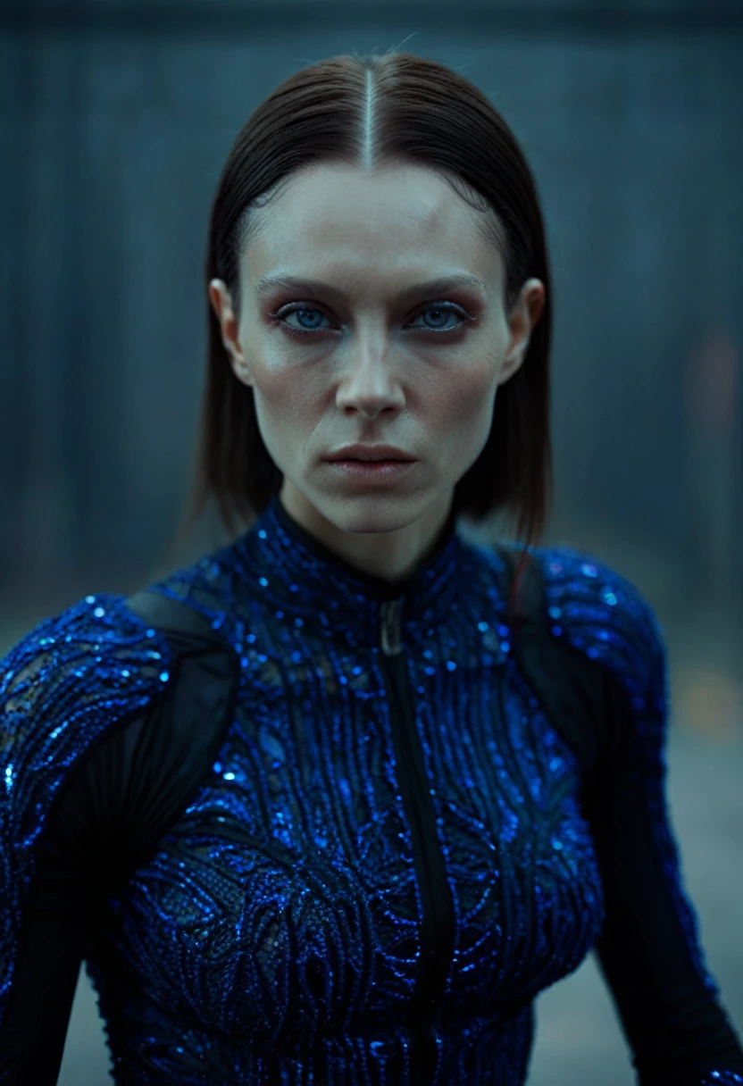Fashionable of androgynous alien looking witch, glowing eyes, beautiful evil slavic muscular woman, pale skin, slight smile, futuristic design, minimal details, givenchy, photoreal, 200mm, hd, f/ 2.0, highly detailed, surreal , drop dead, in the style of red and blue, (intricate details, hyperdetailed:1.15) (skin texture:1.2), photography studio,__perspective__, cinematic, professional, 4k, (((dynamic model pose))), sitting, full body, mesmerizing, dynamic, dramatic, sensual, dynamic pose, highly detailed skin with hair, subcutaneous veins, light and shadow play, highly detailed,24mm photograph, film, bokeh, professional, 4k,