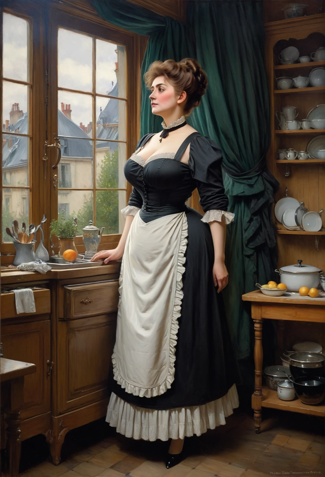 Full body shot of a curvaceous, voluptuous, 66 years old plump buxom Victorian widow wearing a black dress standing in her kitchen looking out of the window, by Jean Béraud, inspired by Jean Béraud, inspired by Édouard Detaille, edouard leon cortes, inspired by Ivan Kramskoi, inspired by Jean-Louis-Ernest Meissonier, by Édouard Detaille, inspired by Paul Émile Chabas, opulent updo hairstyle, white apron 