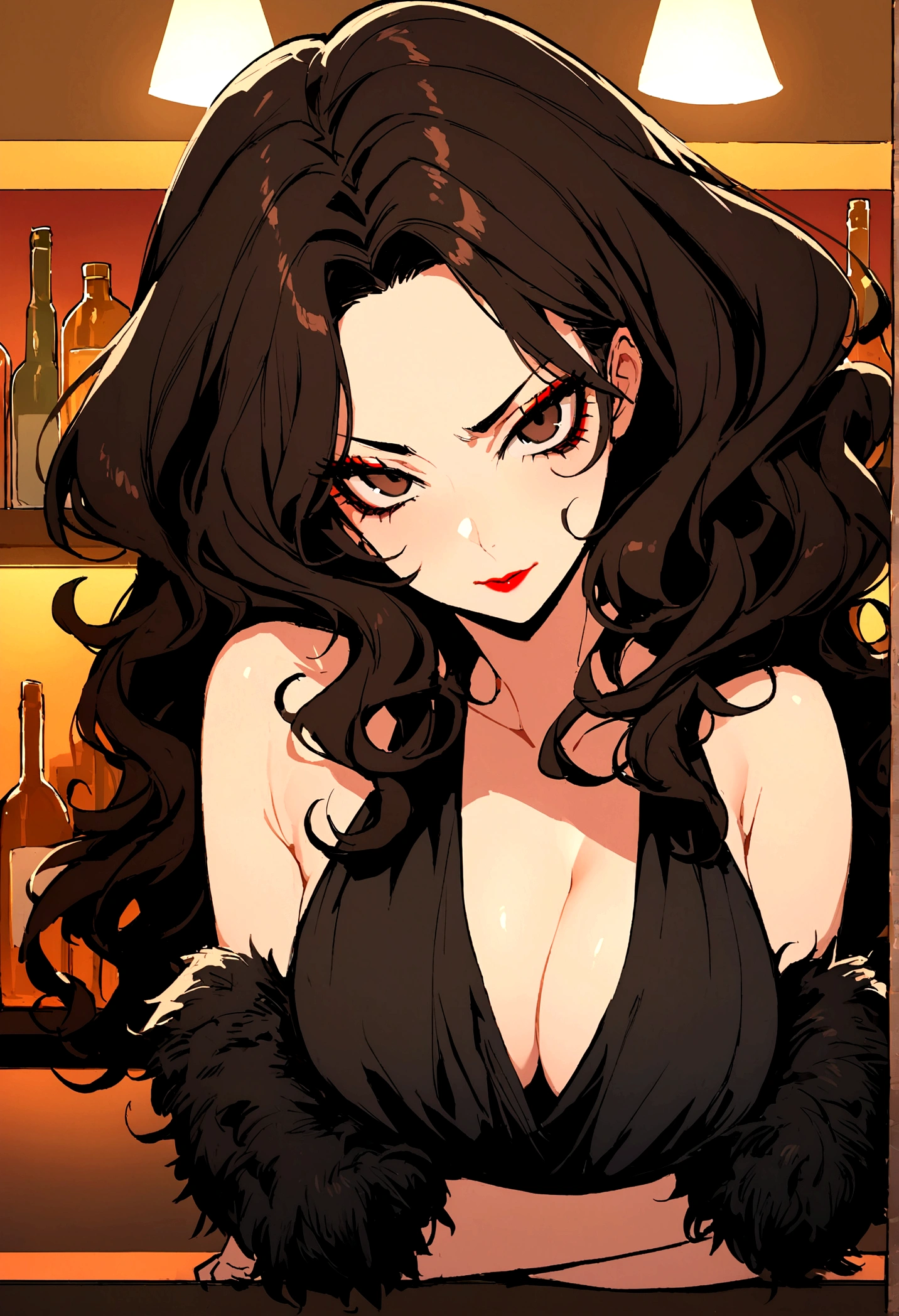 At a bar, dim lighting, focus on a woman. She is tall, beautiful, mature, with long, dark, luscious hair. Brown eyes, black eye liner and red lipstick, very minimal makeup. She is leaning against the bar counter with her arms crossed, looking at POV with a faint smile. She has an intimidating face, yet it is absolutely entrancing. She is wearing a black fuzzy jacket and a black low cut dress, subtly revealing her curvy body.