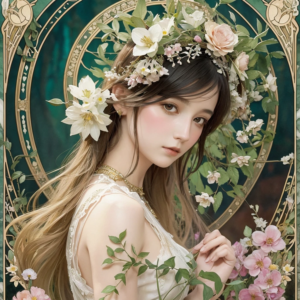Depicts a beautiful woman with flowers in her hair、Highly detailed watercolor painting, The style of Alfons Maria Mucha and Gustav Kirmut, Art Nouveau accents, Fairy Princess, Anthropomorphic woman, Female figure, Detailed cover artwork, As the Flower Goddess, Alphonse Mucha, Gustav Klimt, Pale skin, Marble sculpture, society, Gothic art, Art Nouveau, Behance Contest Winner, black hair, Asian