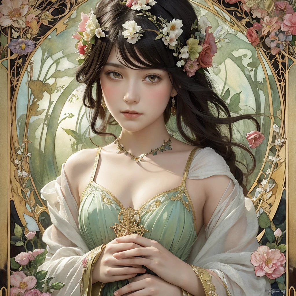 Depicts a beautiful woman with flowers in her hair、Highly detailed watercolor painting, The style of Alfons Maria Mucha and Gustav Kirmut, Art Nouveau accents, Fairy Princess, Anthropomorphic woman, Female figure, Detailed cover artwork, As the Flower Goddess, Alphonse Mucha, Gustav Klimt, Pale skin, Marble sculpture, society, Gothic art, Art Nouveau, Behance Contest Winner, black hair, Asian